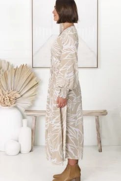 Jolie Midi Dress - V Neck Buttoned Down Long Sleeve Dress in Jeani Print Beige><noscript><img width=