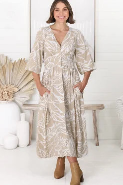 Jolie Midi Dress - V Neck Buttoned Down Long Sleeve Dress in Jeani Print Beige><noscript><img width=
