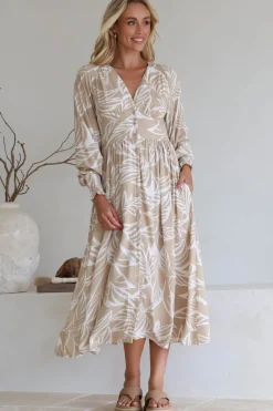 Jolie Midi Dress - V Neck Buttoned Down Long Sleeve Dress in Jeani Print Beige><noscript><img width=