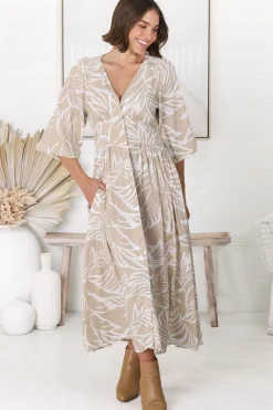 Jolie Midi Dress - V Neck Buttoned Down Long Sleeve Dress in Jeani Print Beige><noscript><img width=