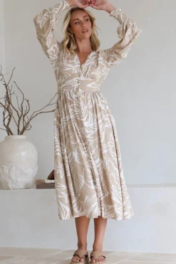 Jolie Midi Dress - V Neck Buttoned Down Long Sleeve Dress in Jeani Print Beige><noscript><img width=
