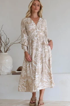 Jolie Midi Dress - V Neck Buttoned Down Long Sleeve Dress in Jeani Print Beige><noscript><img width=