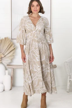 Jolie Midi Dress - V Neck Buttoned Down Long Sleeve Dress in Jeani Print Beige><noscript><img width=