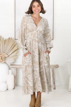Jolie Midi Dress - V Neck Buttoned Down Long Sleeve Dress in Jeani Print Beige><noscript><img width=