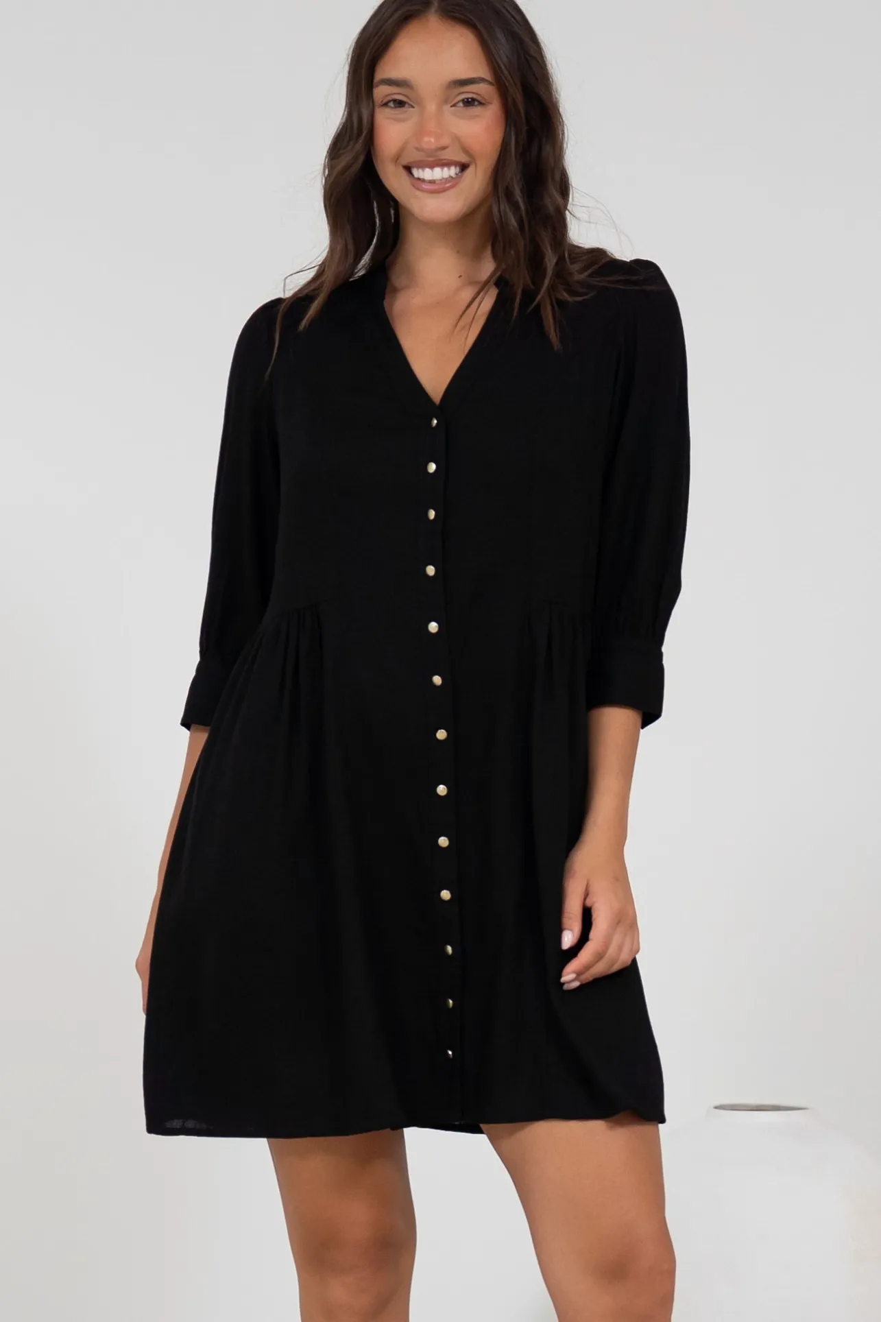 Jordan Mini Dress - Tiered Button Down Dress with 3/4 Sleeves in Black>Salty Crush Hot