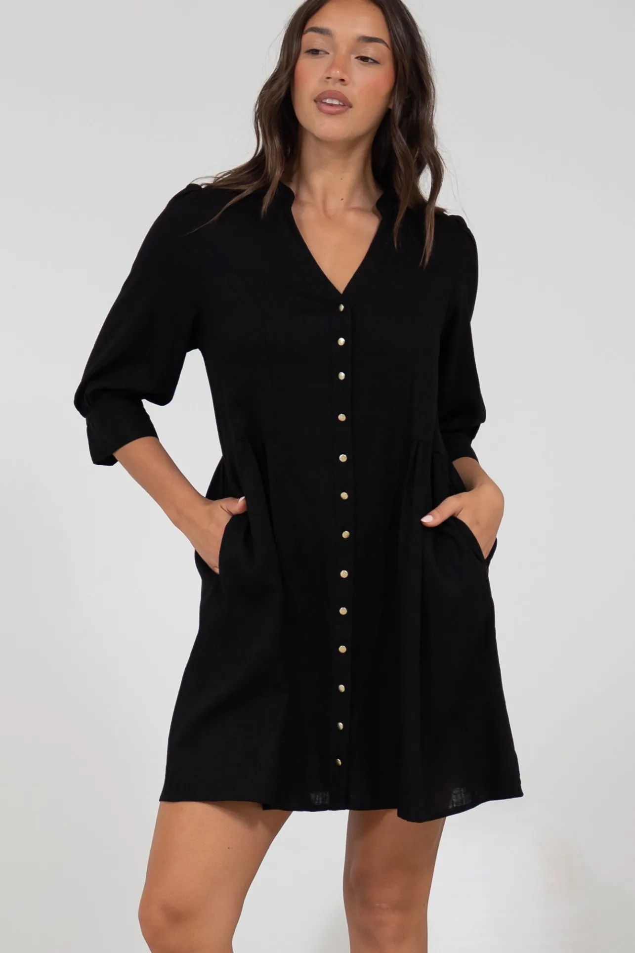 Jordan Mini Dress - Tiered Button Down Dress with 3/4 Sleeves in Black>Salty Crush Hot