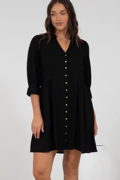 Jordan Mini Dress - Tiered Button Down Dress with 3/4 Sleeves in Black><noscript><img width=
