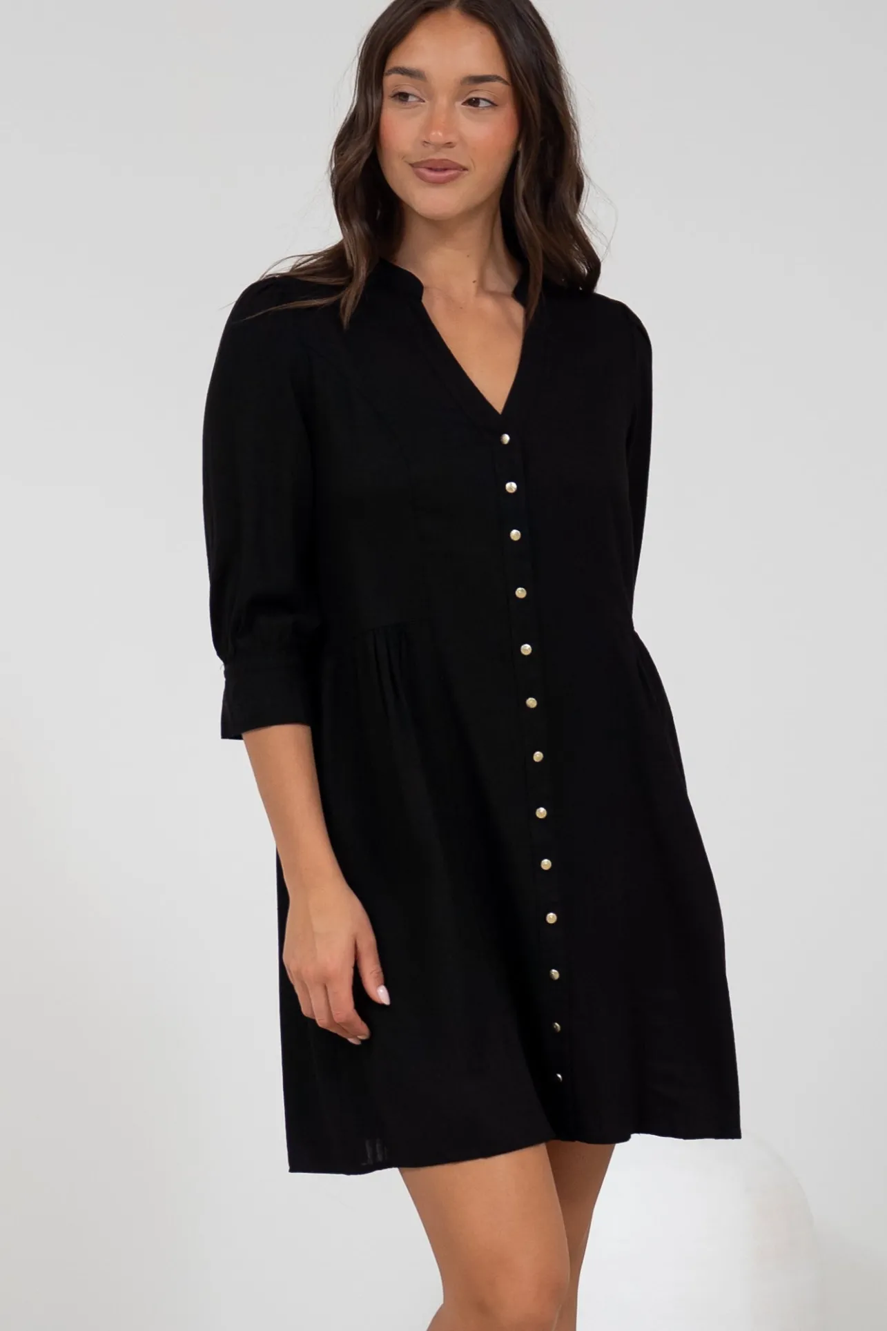 Jordan Mini Dress - Tiered Button Down Dress with 3/4 Sleeves in Black>Salty Crush Hot