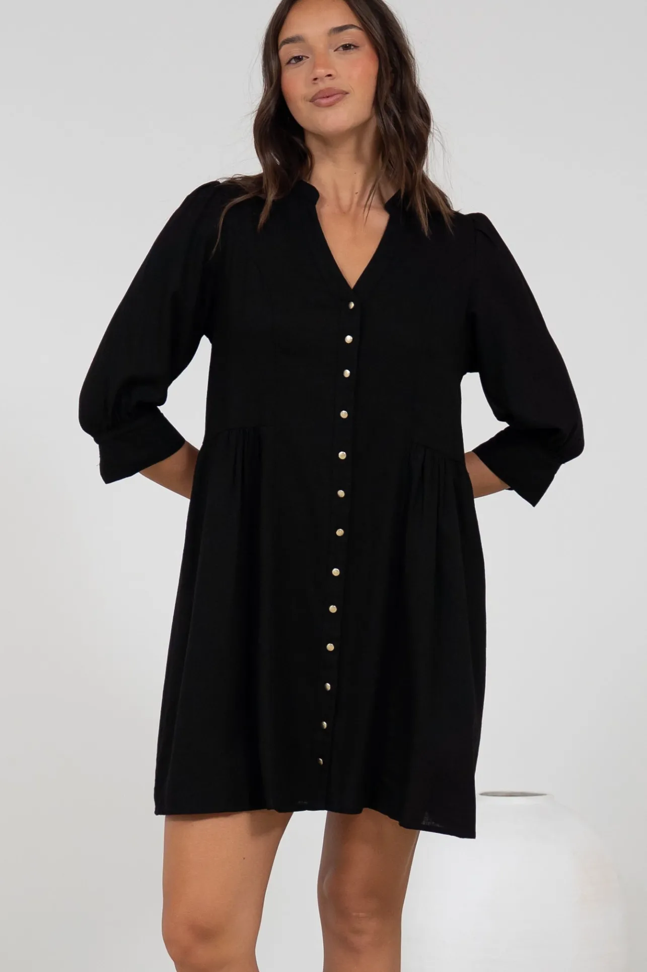 Jordan Mini Dress - Tiered Button Down Dress with 3/4 Sleeves in Black>Salty Crush Hot