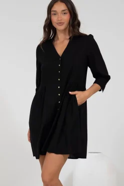 Jordan Mini Dress - Tiered Button Down Dress with 3/4 Sleeves in Black><noscript><img width=