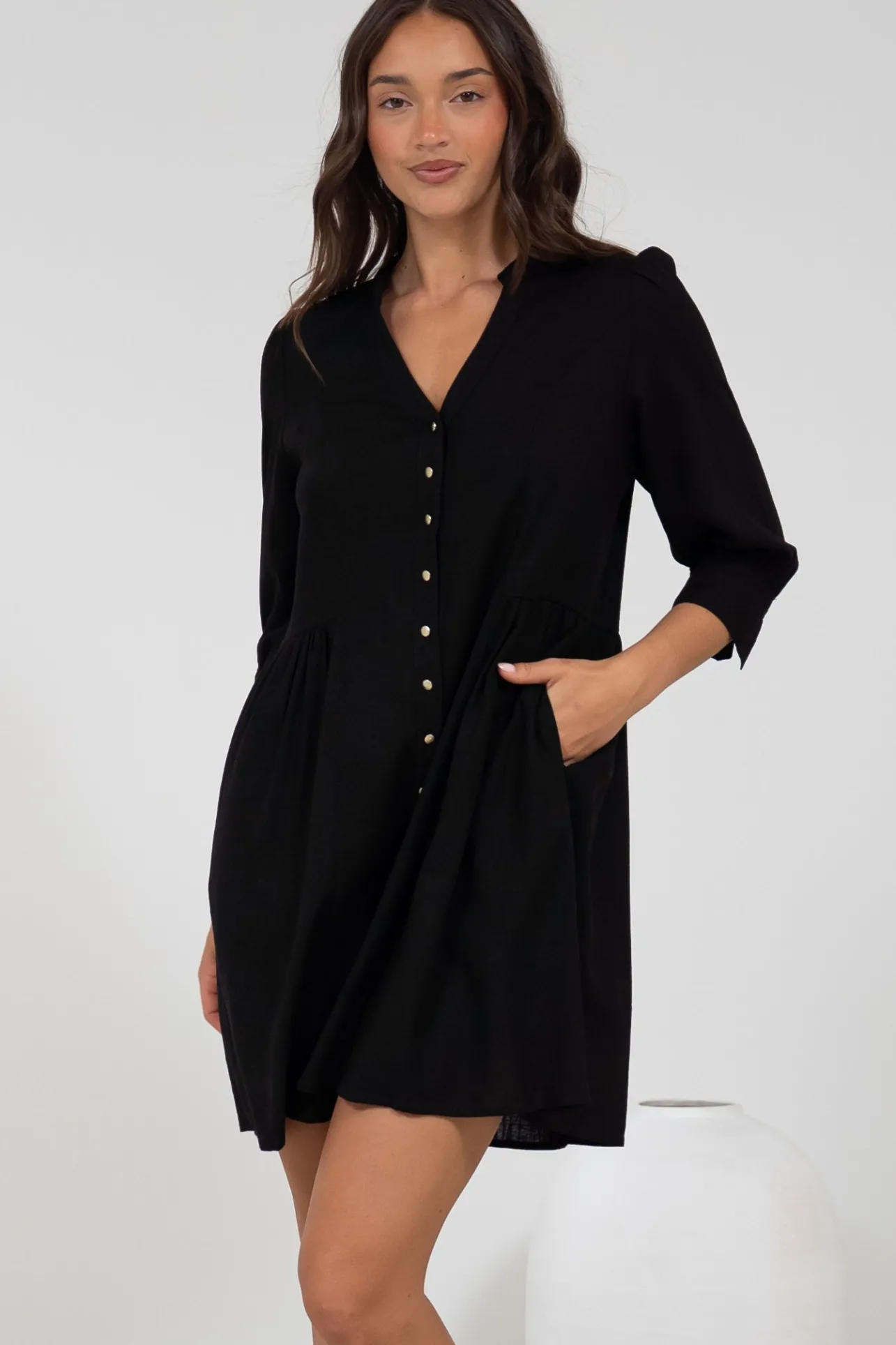 Jordan Mini Dress - Tiered Button Down Dress with 3/4 Sleeves in Black>Salty Crush Hot