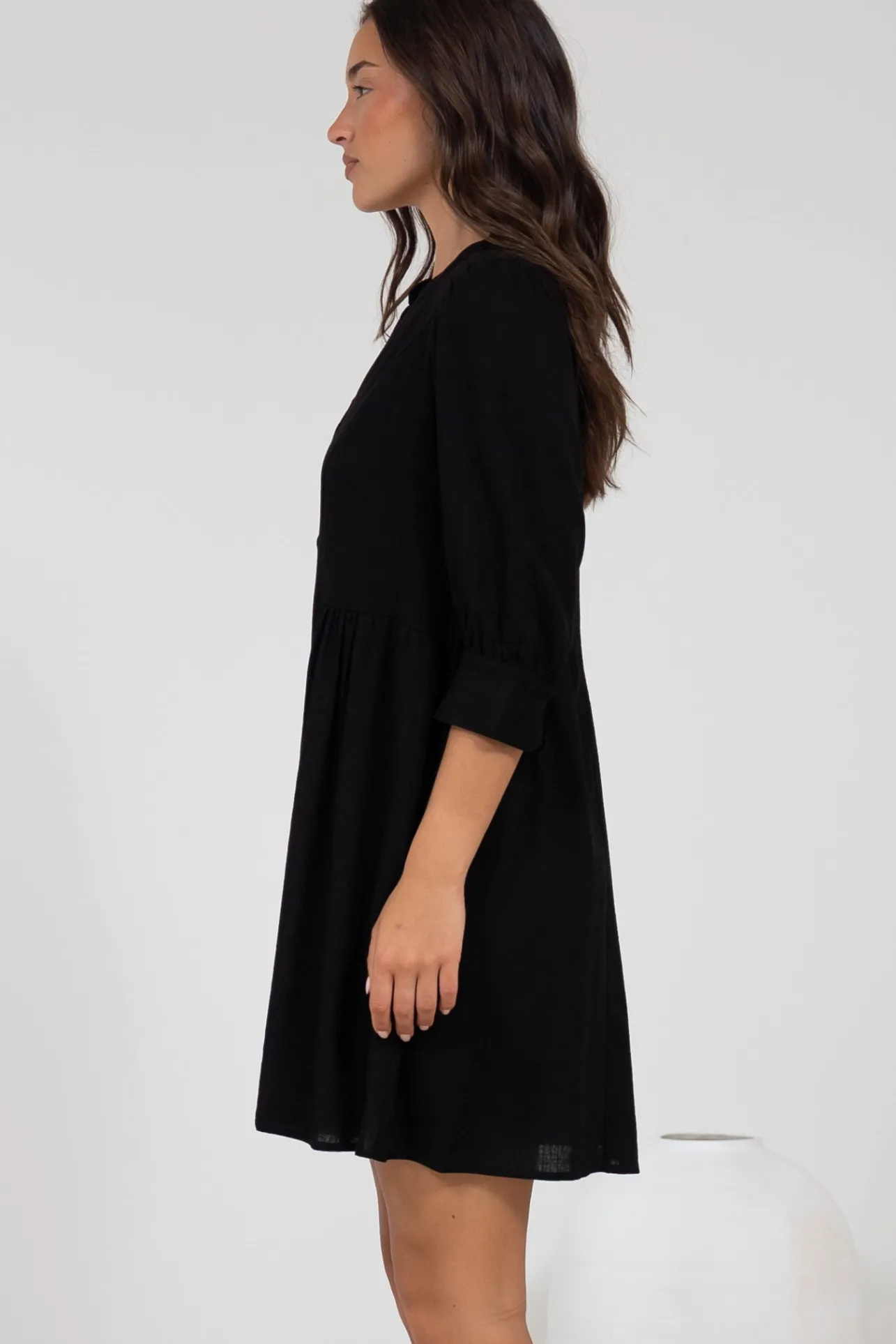 Jordan Mini Dress - Tiered Button Down Dress with 3/4 Sleeves in Black>Salty Crush Hot