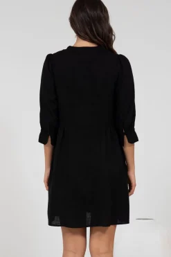Jordan Mini Dress - Tiered Button Down Dress with 3/4 Sleeves in Black><noscript><img width=