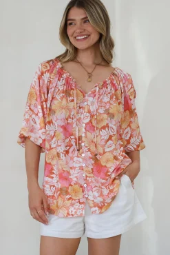 Journee Top - On or Off Shoulder Button Down in Tammi Print>Salty Crush Sale