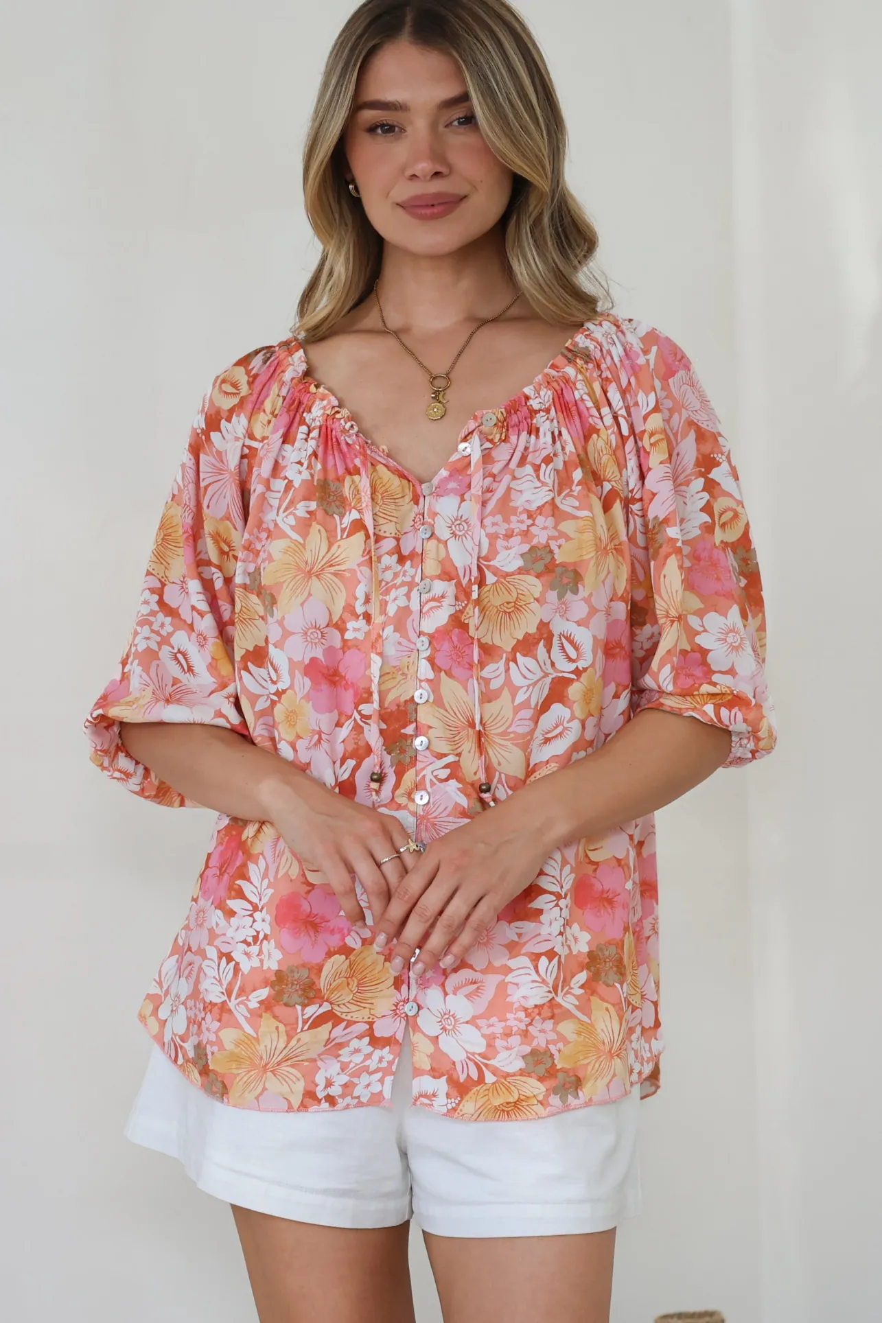 Journee Top - On or Off Shoulder Button Down in Tammi Print>Salty Crush Sale