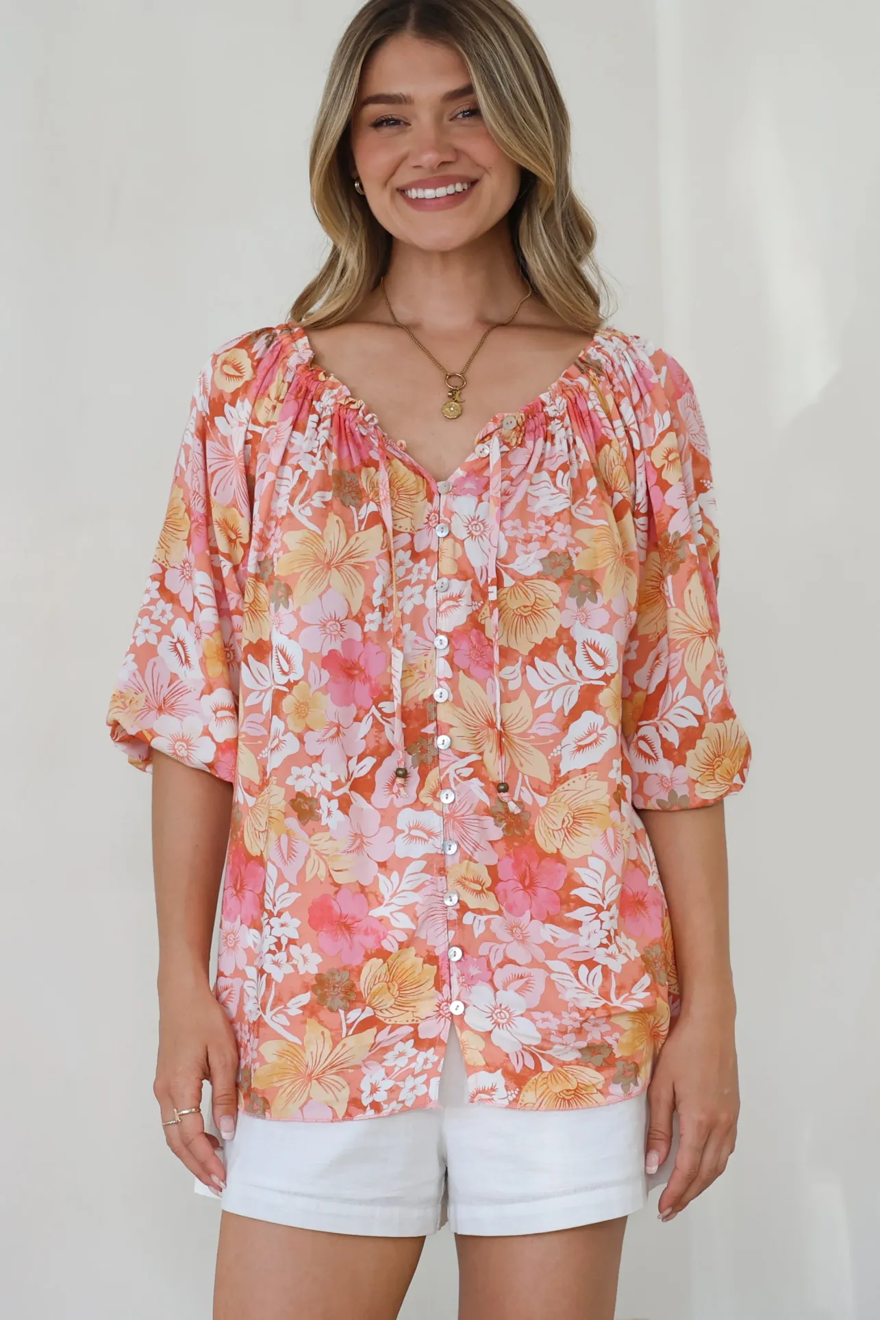 Journee Top - On or Off Shoulder Button Down in Tammi Print>Salty Crush Sale