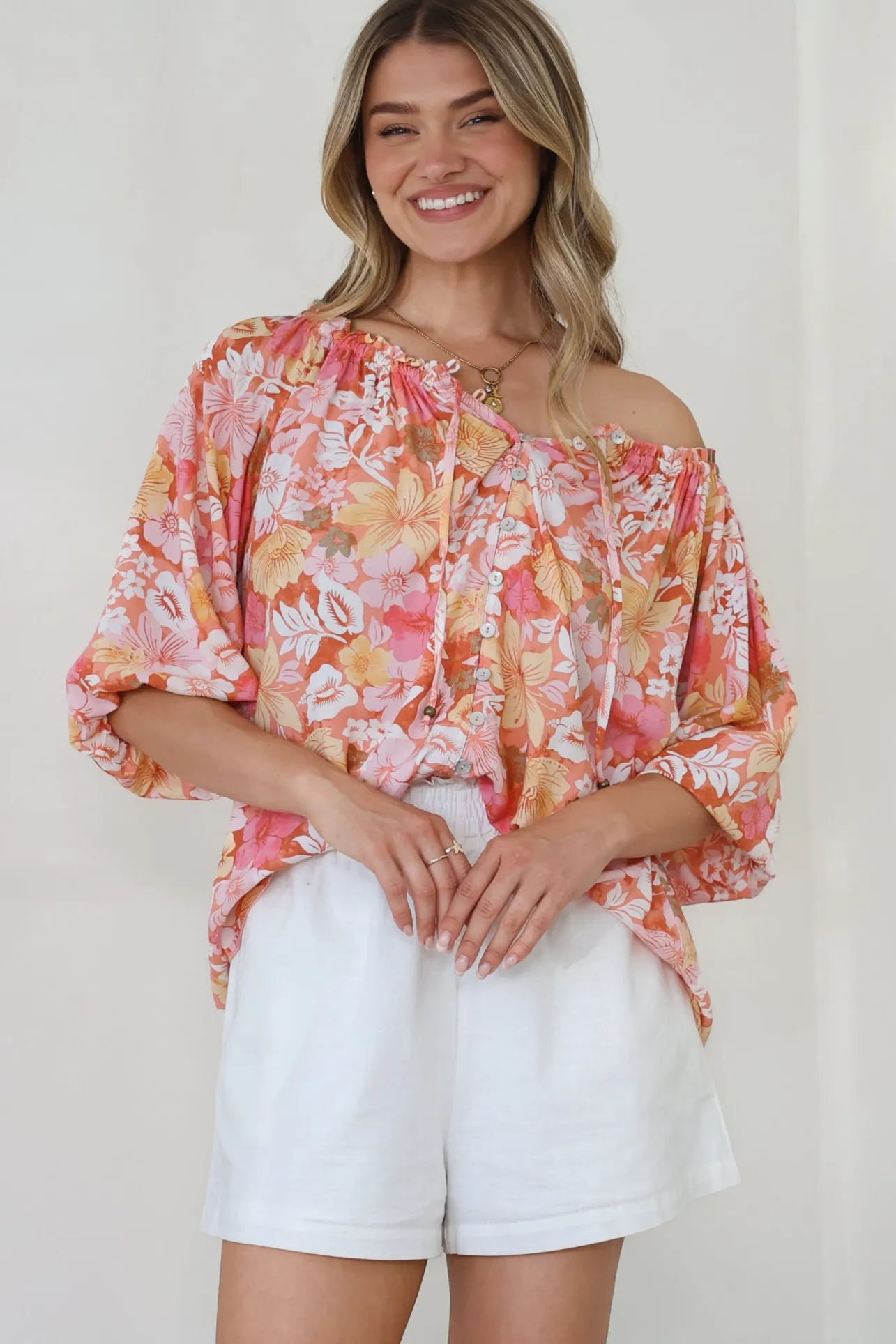 Journee Top - On or Off Shoulder Button Down in Tammi Print>Salty Crush Sale