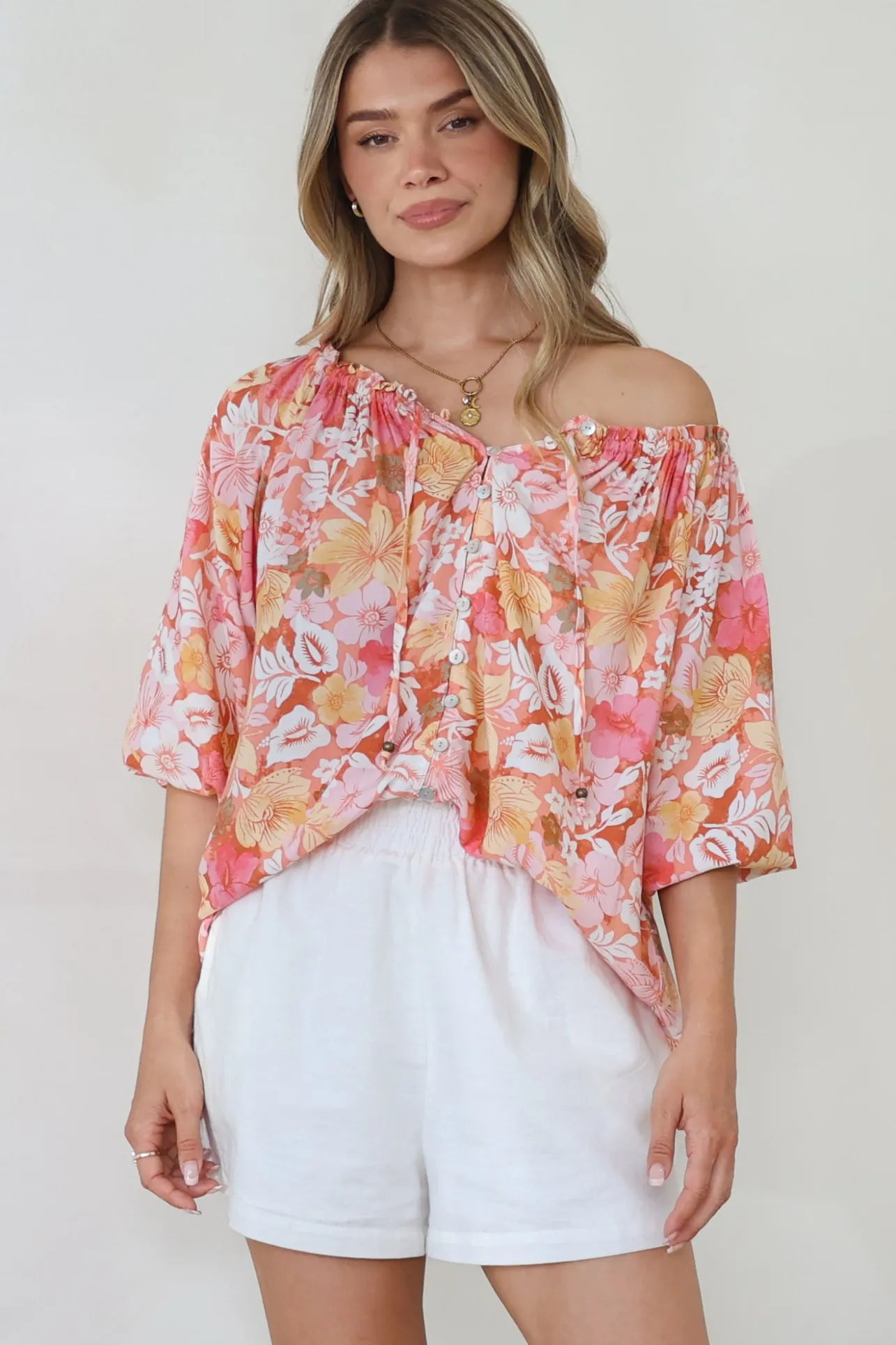 Journee Top - On or Off Shoulder Button Down in Tammi Print>Salty Crush Sale