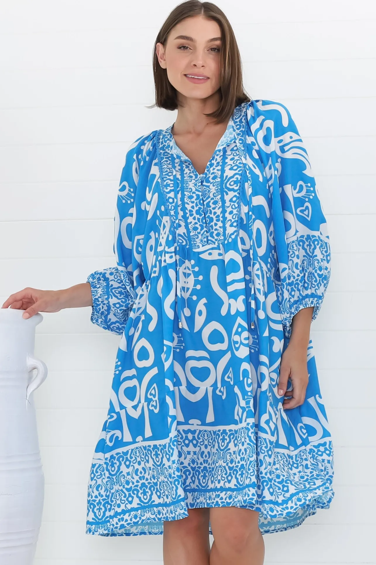 Juddy Mini Dress - Batwing Sleeve Smock Dress with Lace Detailing in Khavi Print Blue>Salty Crush Online