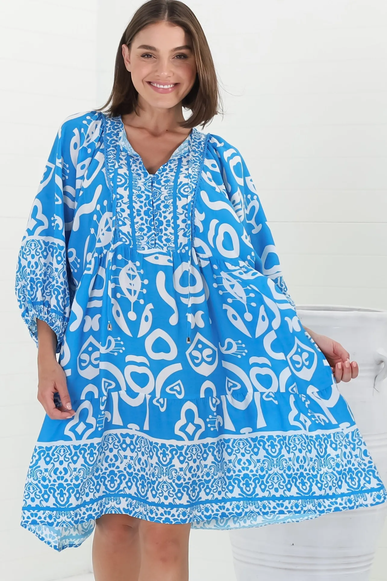 Juddy Mini Dress - Batwing Sleeve Smock Dress with Lace Detailing in Khavi Print Blue>Salty Crush Online