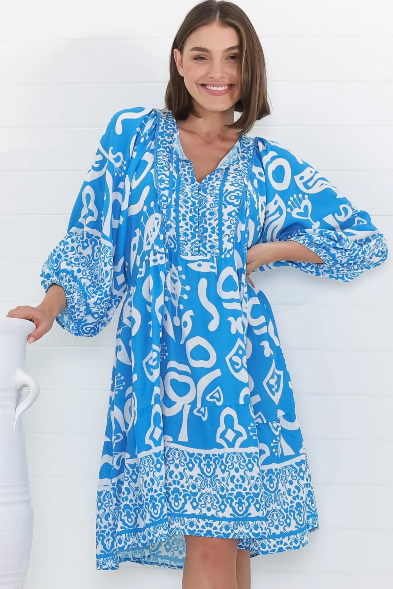 Juddy Mini Dress - Batwing Sleeve Smock Dress with Lace Detailing in Khavi Print Blue>Salty Crush Online