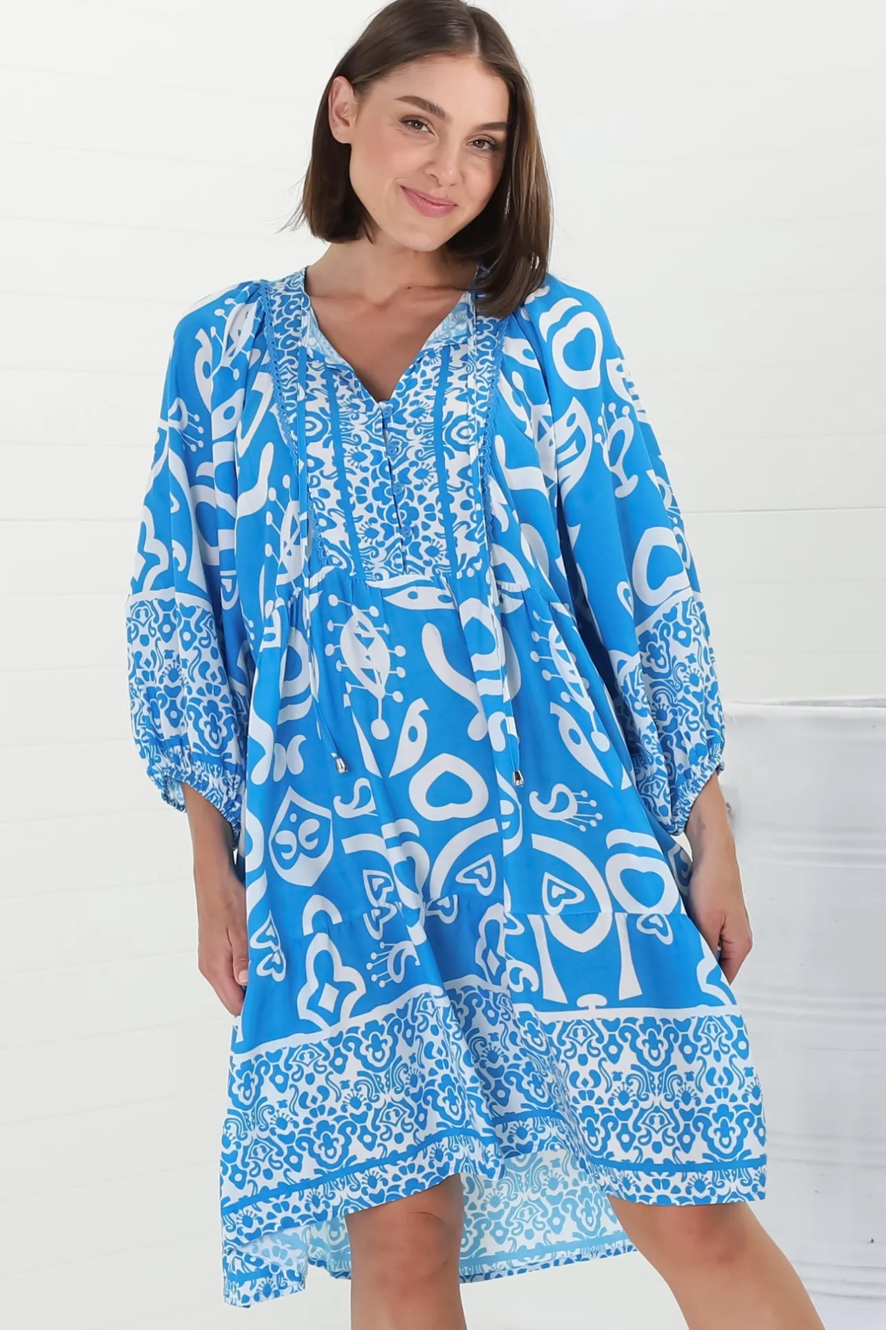 Juddy Mini Dress - Batwing Sleeve Smock Dress with Lace Detailing in Khavi Print Blue>Salty Crush Online