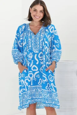 Juddy Mini Dress - Batwing Sleeve Smock Dress with Lace Detailing in Khavi Print Blue><noscript><img width=
