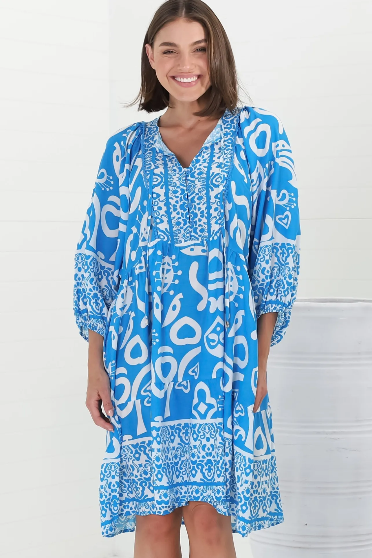 Juddy Mini Dress - Batwing Sleeve Smock Dress with Lace Detailing in Khavi Print Blue>Salty Crush Online