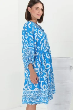 Juddy Mini Dress - Batwing Sleeve Smock Dress with Lace Detailing in Khavi Print Blue><noscript><img width=