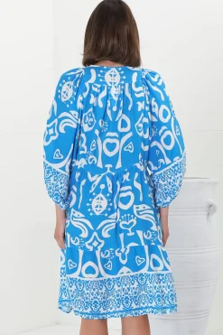 Juddy Mini Dress - Batwing Sleeve Smock Dress with Lace Detailing in Khavi Print Blue><noscript><img width=