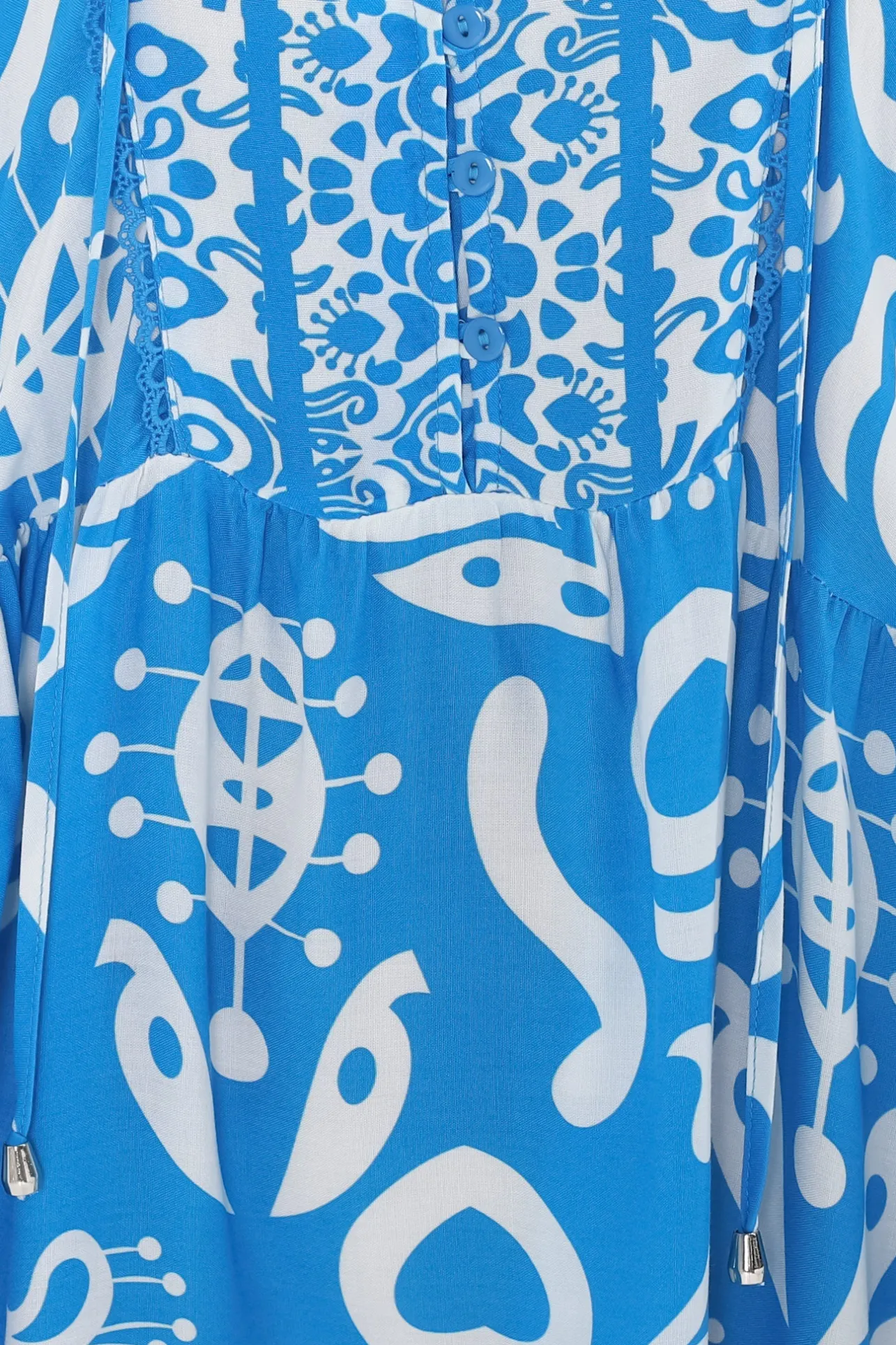 Juddy Mini Dress - Batwing Sleeve Smock Dress with Lace Detailing in Khavi Print Blue>Salty Crush Online