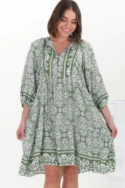 Juddy Mini Dress - Batwing Sleeve Smock Dress with Lace Detailing in Harley Print Green>Salty Crush New