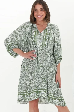 Juddy Mini Dress - Batwing Sleeve Smock Dress with Lace Detailing in Harley Print Green>Salty Crush New