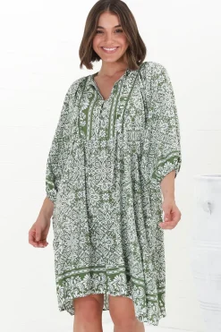 Juddy Mini Dress - Batwing Sleeve Smock Dress with Lace Detailing in Harley Print Green><noscript><img width=