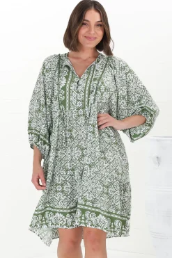 Juddy Mini Dress - Batwing Sleeve Smock Dress with Lace Detailing in Harley Print Green><noscript><img width=