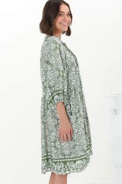 Juddy Mini Dress - Batwing Sleeve Smock Dress with Lace Detailing in Harley Print Green><noscript><img width=