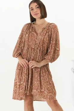 Juddy Mini Dress - Batwing Sleeve Smock Dress with Lace Detailing in Khalid Print Rust><noscript><img width=