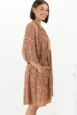 Juddy Mini Dress - Batwing Sleeve Smock Dress with Lace Detailing in Khalid Print Rust><noscript><img width=