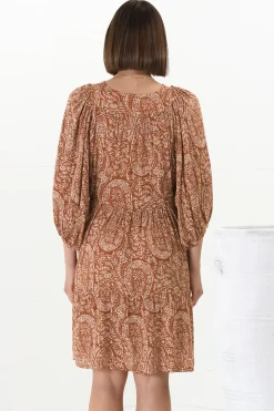 Juddy Mini Dress - Batwing Sleeve Smock Dress with Lace Detailing in Khalid Print Rust><noscript><img width=