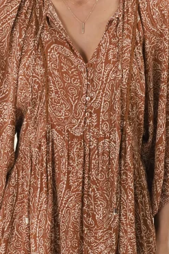 Juddy Mini Dress - Batwing Sleeve Smock Dress with Lace Detailing in Khalid Print Rust><noscript><img width=