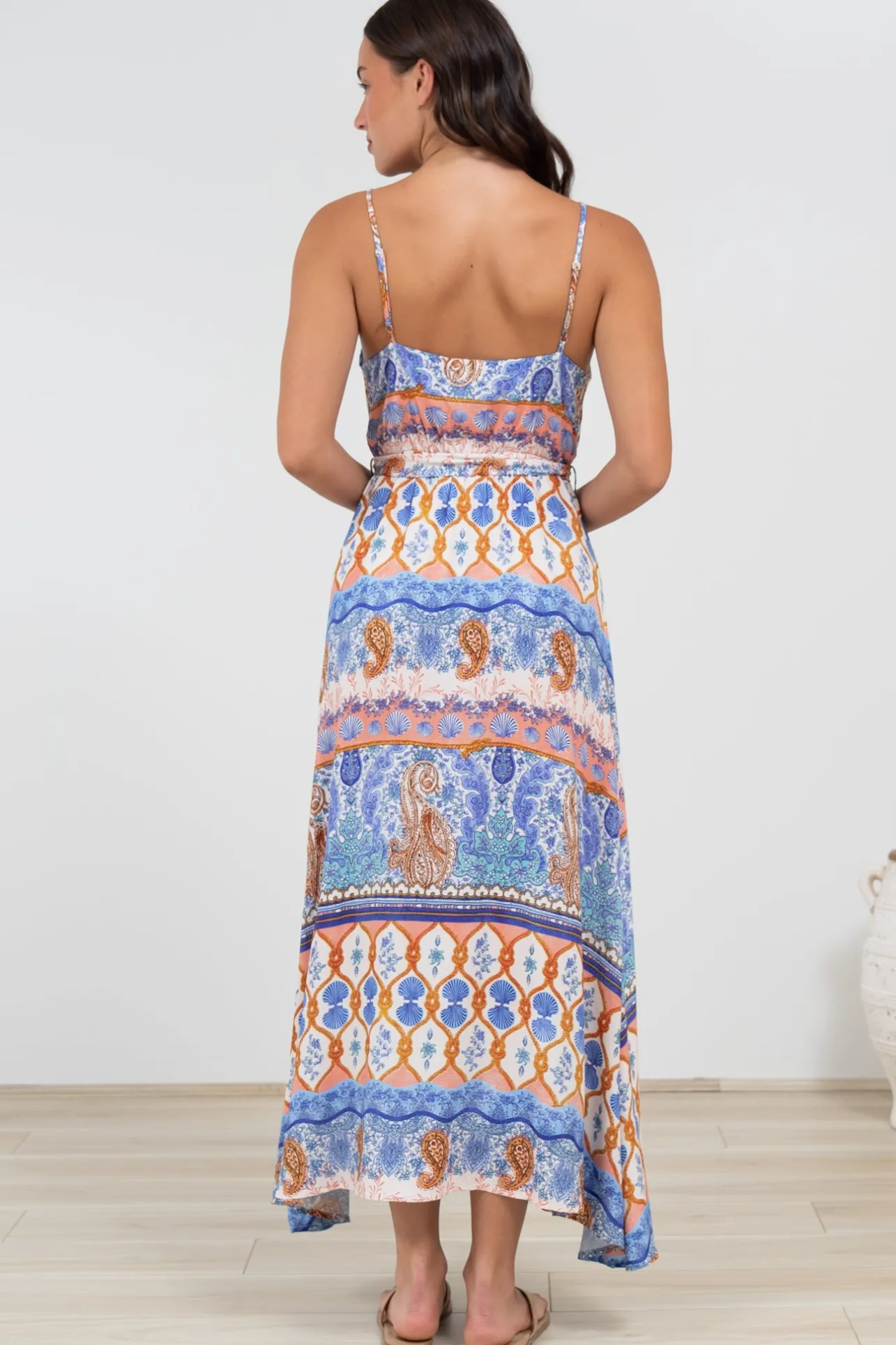 Judy Maxi Dress - Cross Bodice Sun Dress with Matching Belt in Belly Print>Salty Crush Clearance
