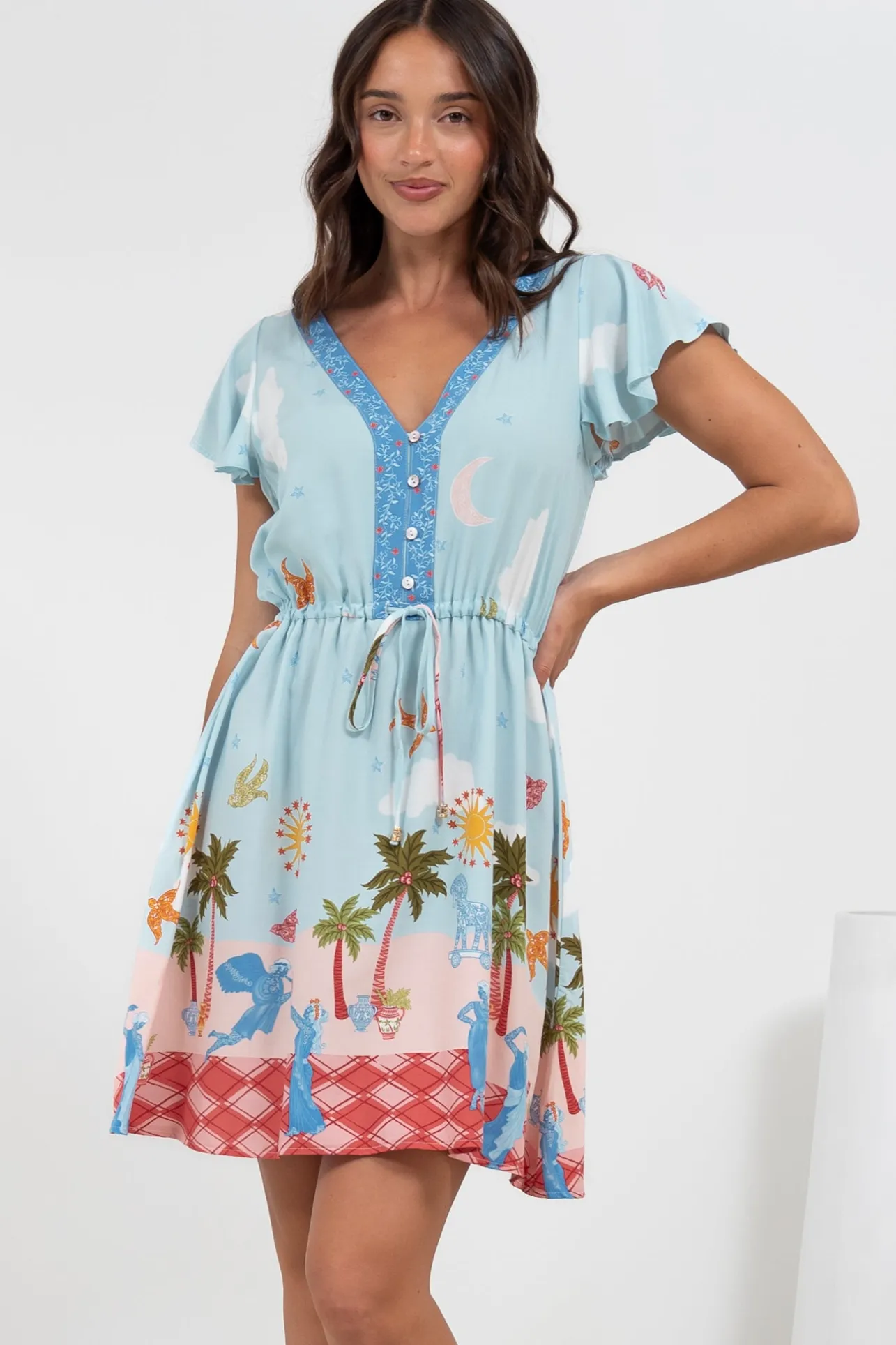 Kailin Mini Dress - Cap Sleeve A Line Dress in Staria Print>Salty Crush New