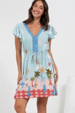 Kailin Mini Dress - Cap Sleeve A Line Dress in Staria Print>Salty Crush New