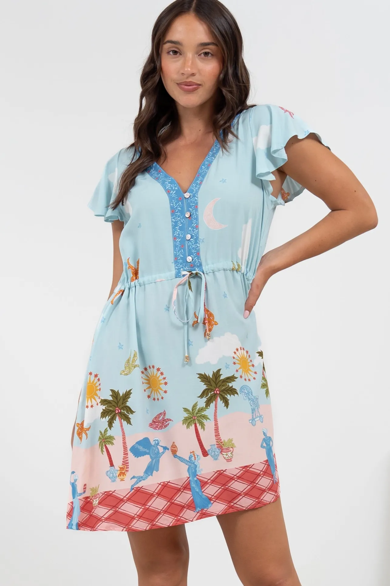 Kailin Mini Dress - Cap Sleeve A Line Dress in Staria Print>Salty Crush New