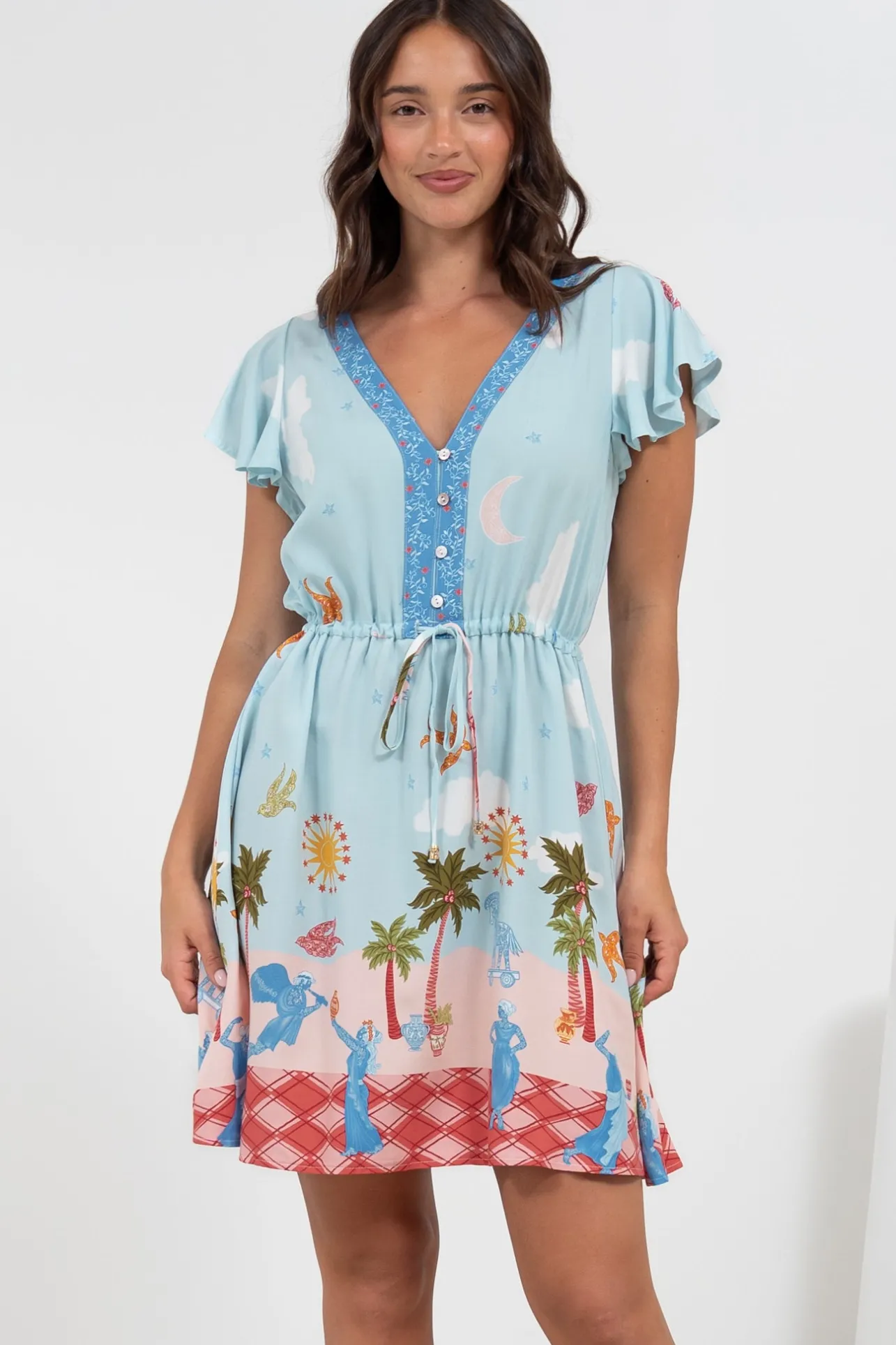 Kailin Mini Dress - Cap Sleeve A Line Dress in Staria Print>Salty Crush New