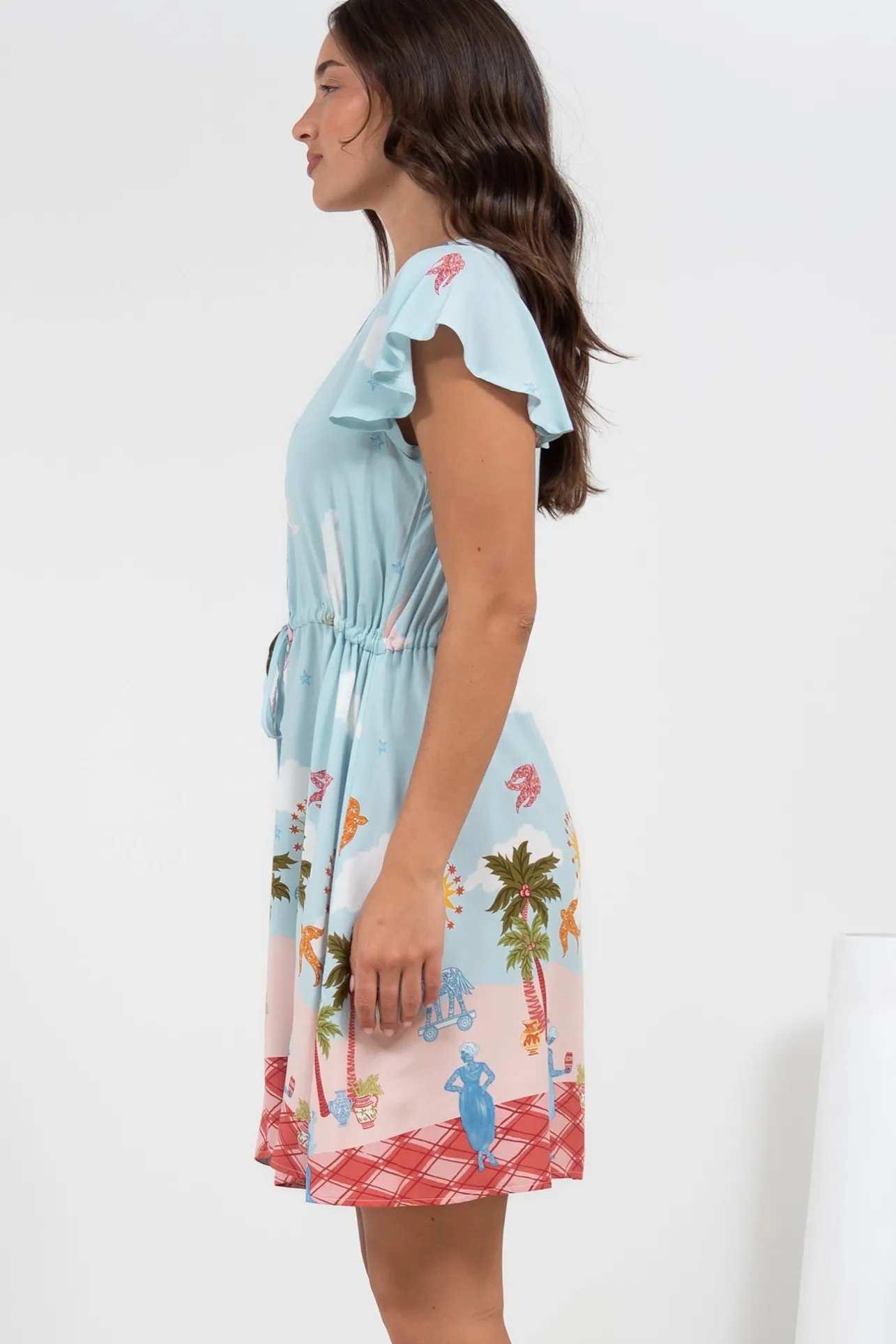 Kailin Mini Dress - Cap Sleeve A Line Dress in Staria Print>Salty Crush New
