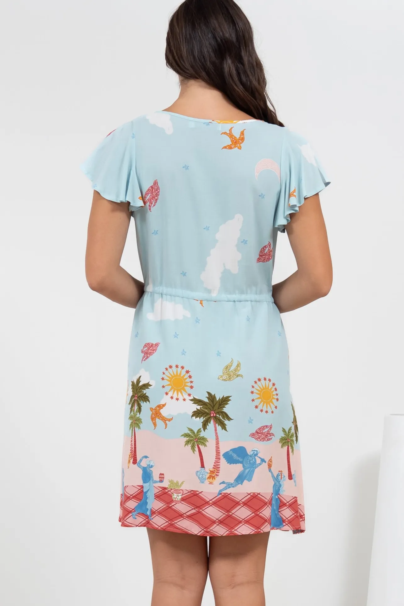 Kailin Mini Dress - Cap Sleeve A Line Dress in Staria Print>Salty Crush New