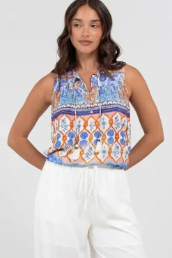 Kalari Top - Sleeveless Mandarin Collar with Tassel & Bells Neck Tie in Belly Print><noscript><img width=