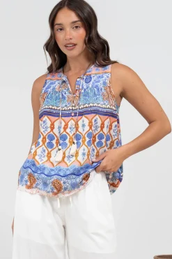Kalari Top - Sleeveless Mandarin Collar with Tassel & Bells Neck Tie in Belly Print><noscript><img width=
