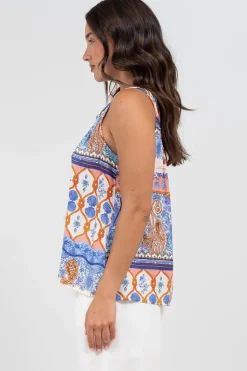 Kalari Top - Sleeveless Mandarin Collar with Tassel & Bells Neck Tie in Belly Print><noscript><img width=